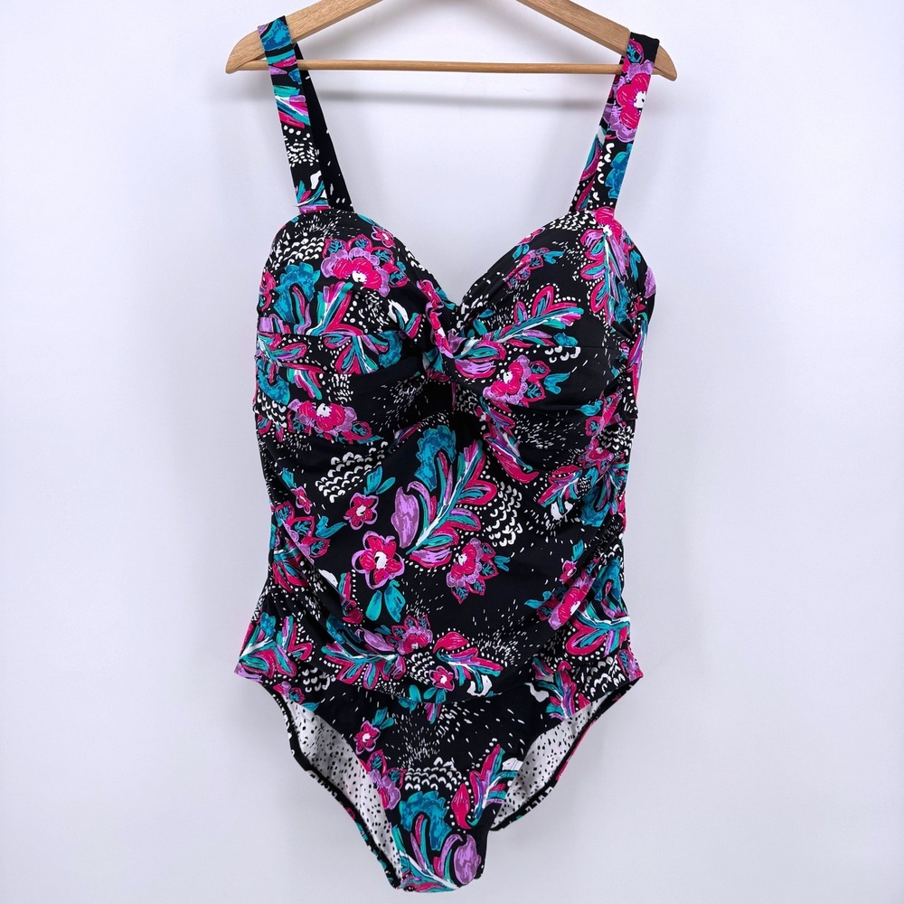 Anne Cole Women Plus 24W Estilo Floral Twist Front One Piece Swimsuit Black Pink